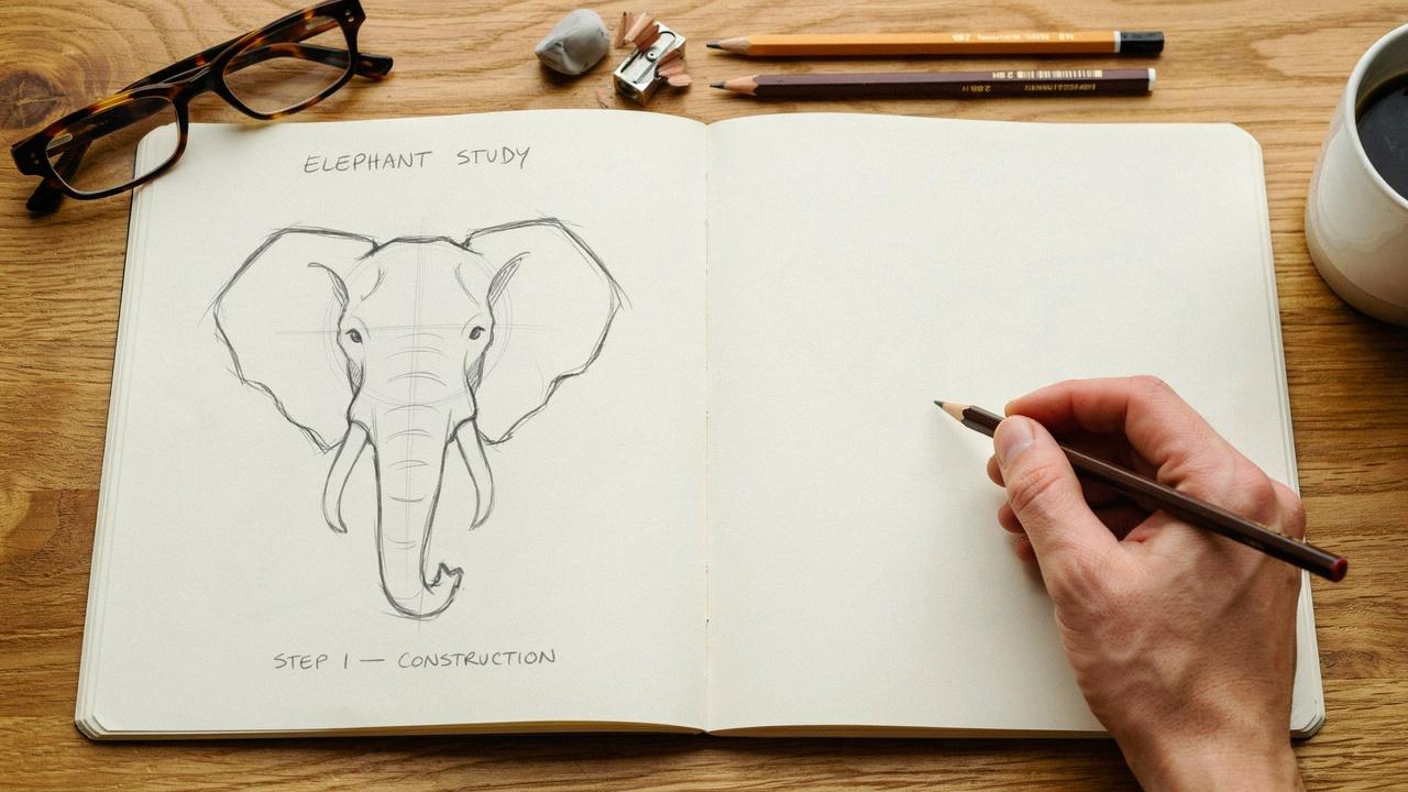 Drawing basic head guidelines for an elephant.