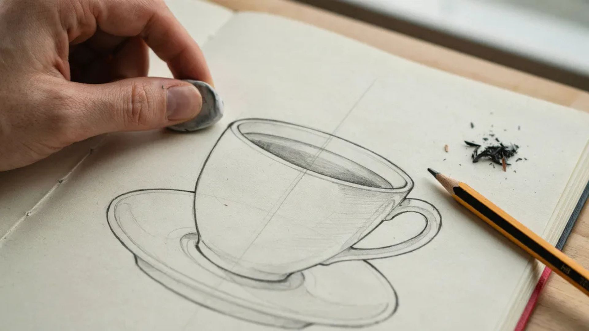 Coffee cup sketch being cleaned up with a kneaded eraser.