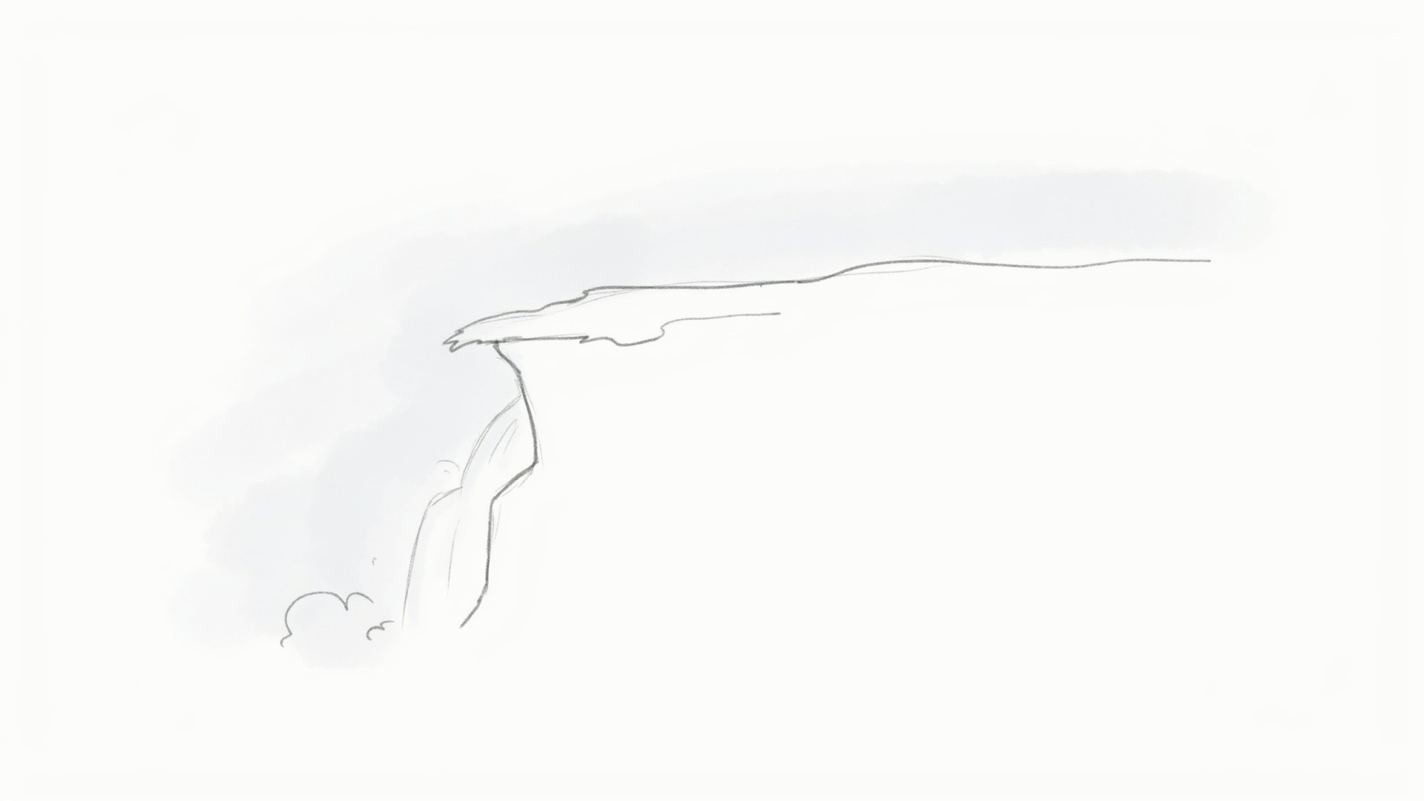 Light pencil sketch of a cliff outline forming the base of a waterfall drawing.