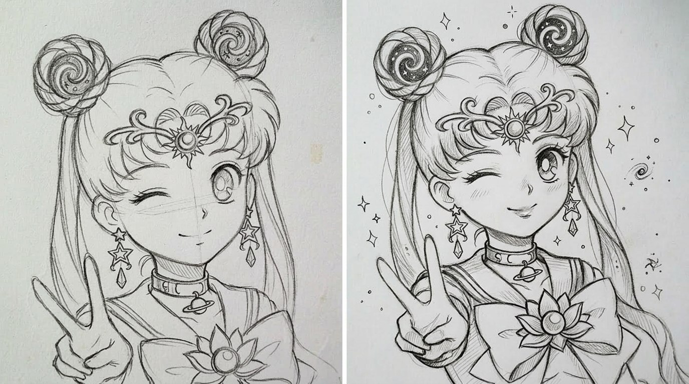before and after drawing of sailor moon.