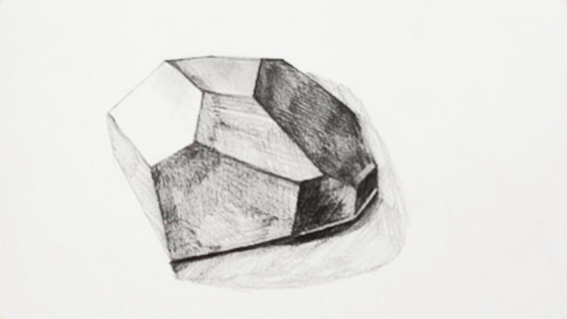 Pencil sketch of a 3D faceted gem or crystal with multiple flat faces.