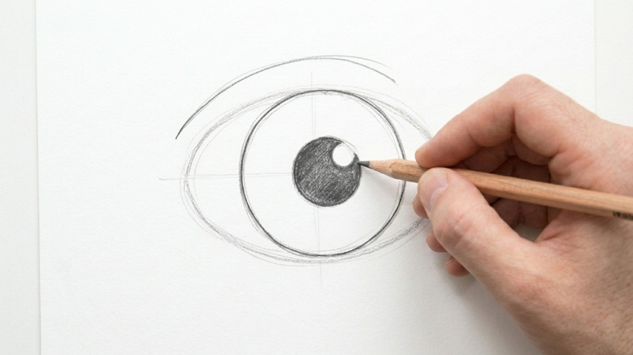 Cartoon eye drawing with a large iris and smaller pupil placed inside the eye shape, demonstrating the second stage of the sketch.