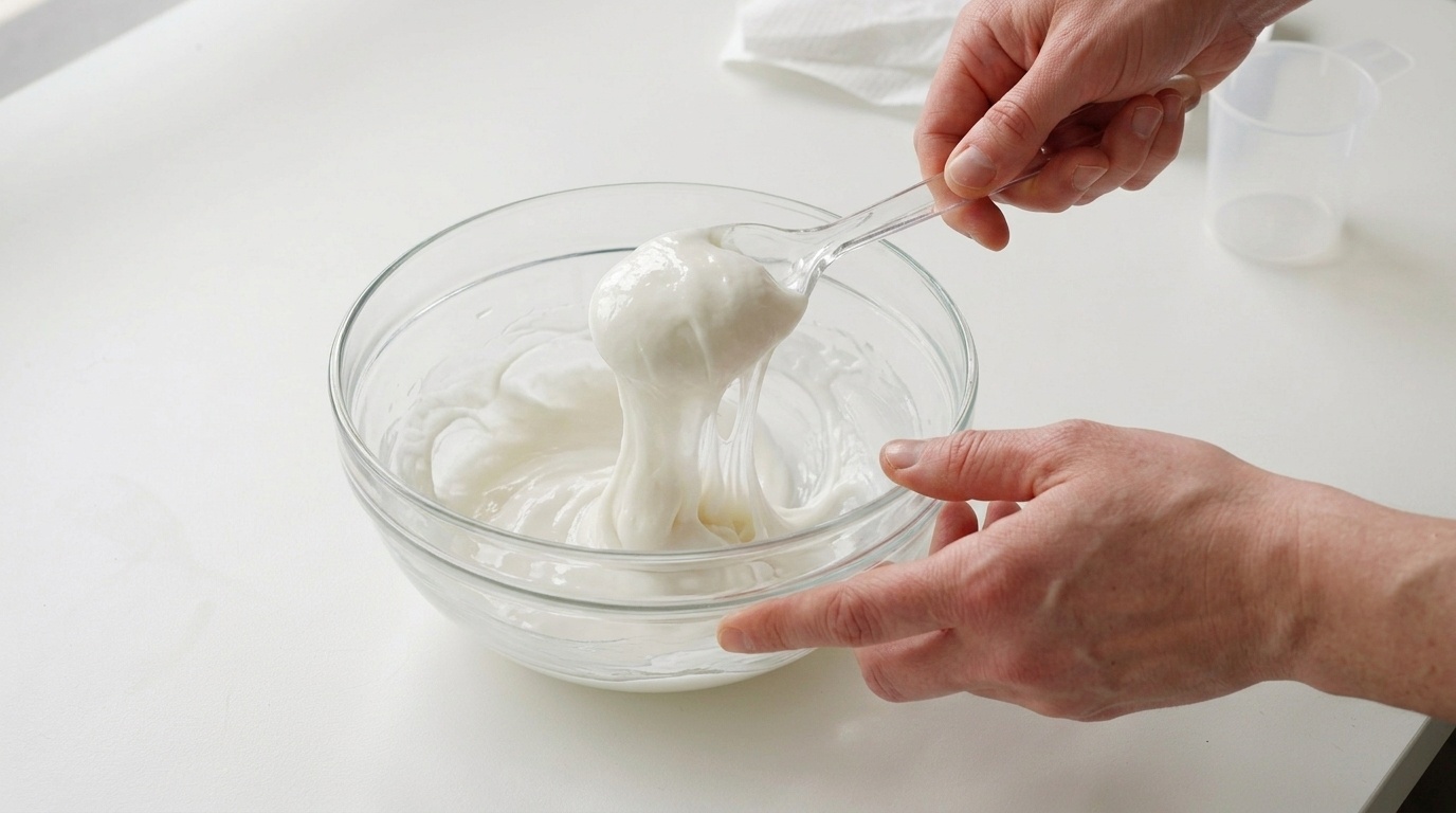 A thickening slime mixture being stirred in a bowl until it becomes stretchy and less sticky.