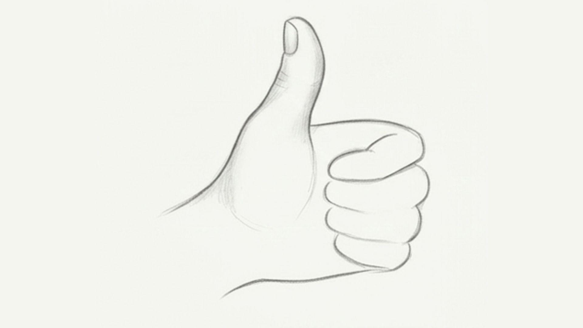 Adding folded fingers and hand details to complete the thumbs up drawing.