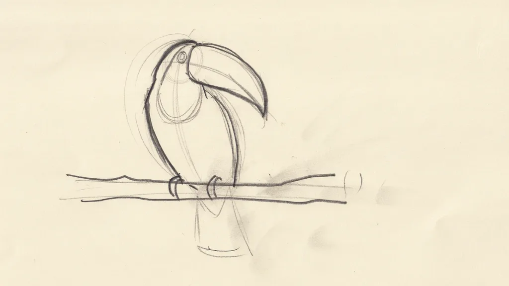 A large oval shape sketched above a branch using light pencil strokes, forming the basic body structure for a toucan drawing in simple beginner style.