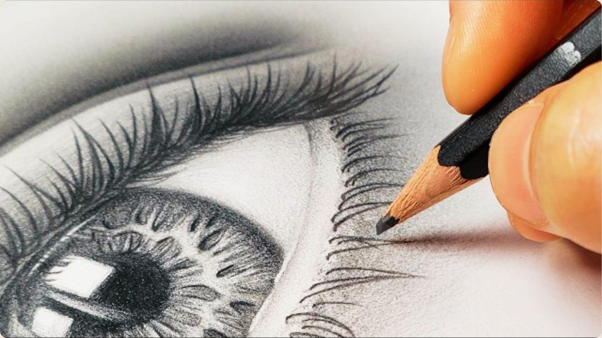Close-up of a hand using a black pencil to draw individual upper eyelashes on a realistic eye.