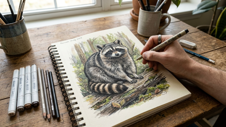 Realistic drawing of a wild raccoon in its natural habitat.