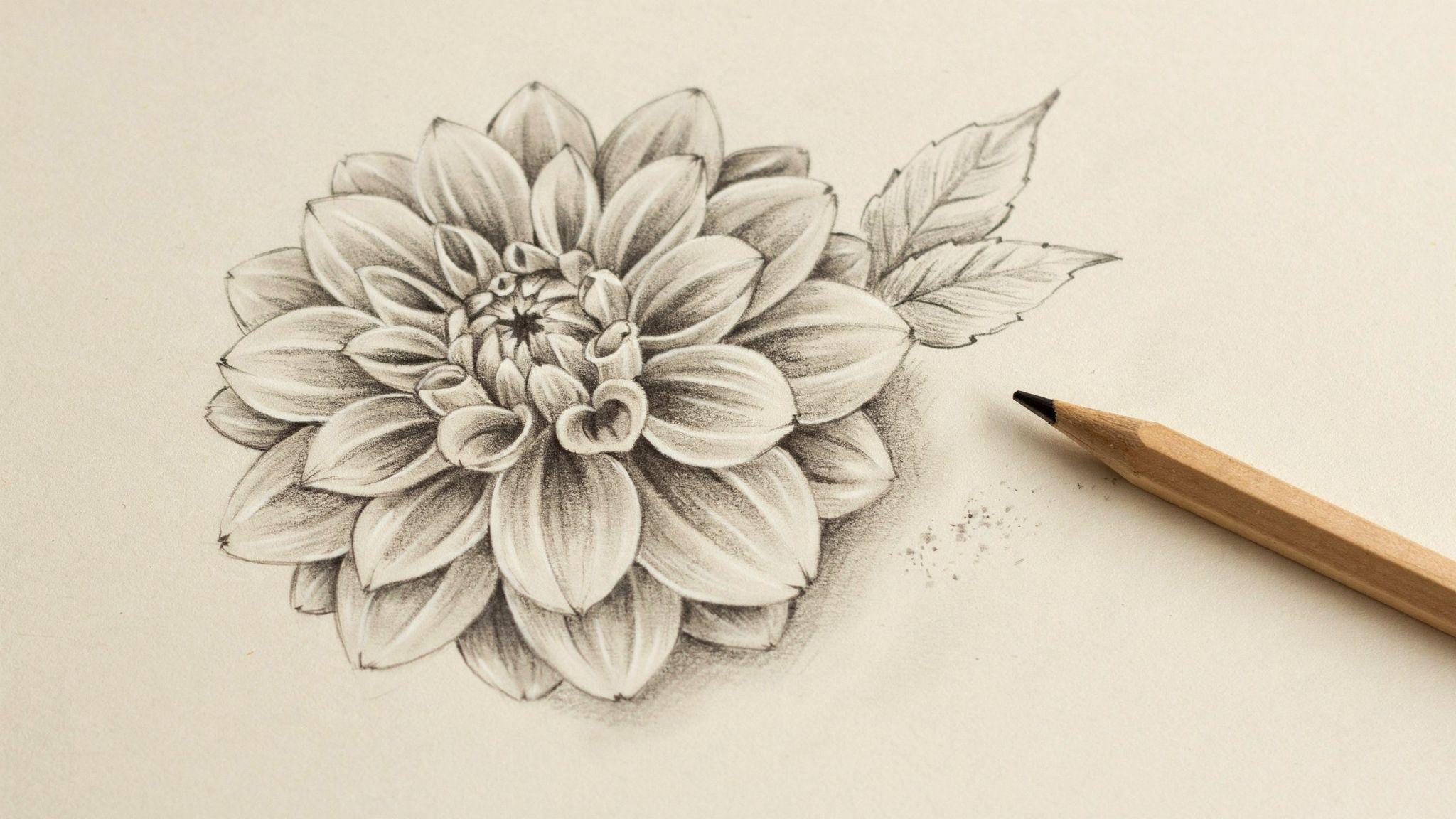 Close-up of shaded hibiscus bud and bloom sketch with pencil guide circles on textured paper