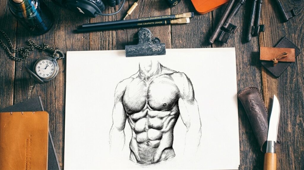 How to Draw Abs: Step-by-Step Guide for Beginners Drawing of a male torso on paper, illustrating the abdominal muscles for a step-by-step guide on drawing abs.
