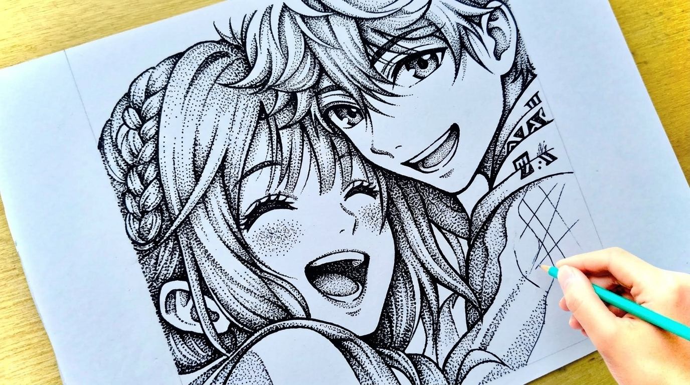 sketch of anime couple.