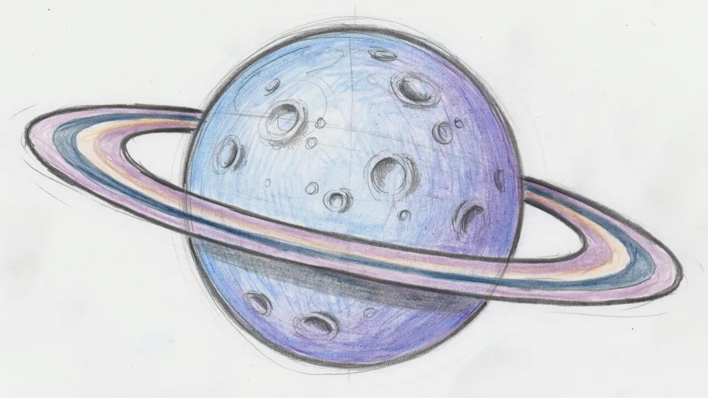 Space Drawing Ideas for Beginners Step-by-Step Guide Realistic hand-drawn image of a planet with a ring around it, painted in pretty shades of blue and purple.