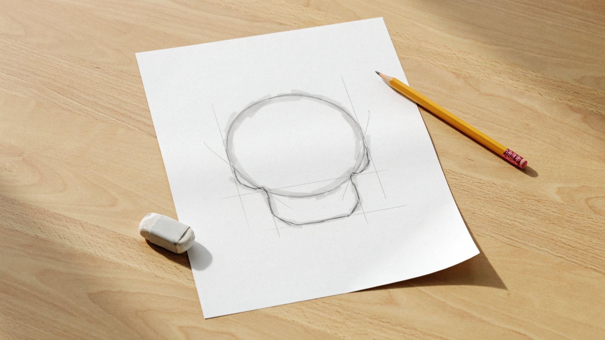 Basic skull outline sketch with pencil and eraser, first step for beginners to draw.