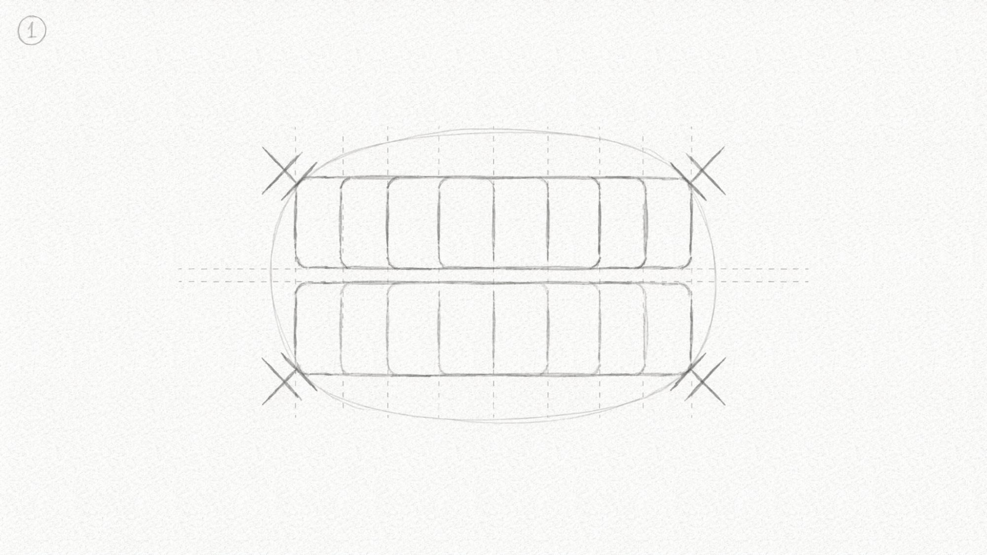 Simple rectangular shapes forming the basic structure of upper and lower teeth.