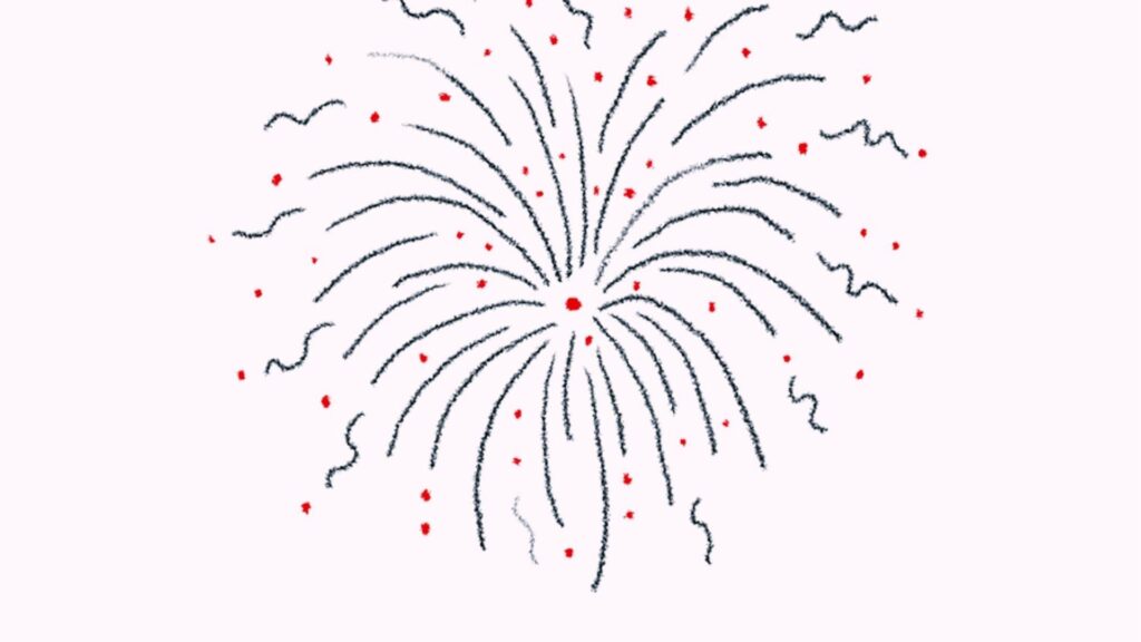 Hand-drawn firework with black swirling lines and red sparks shows finished pencil sketch style