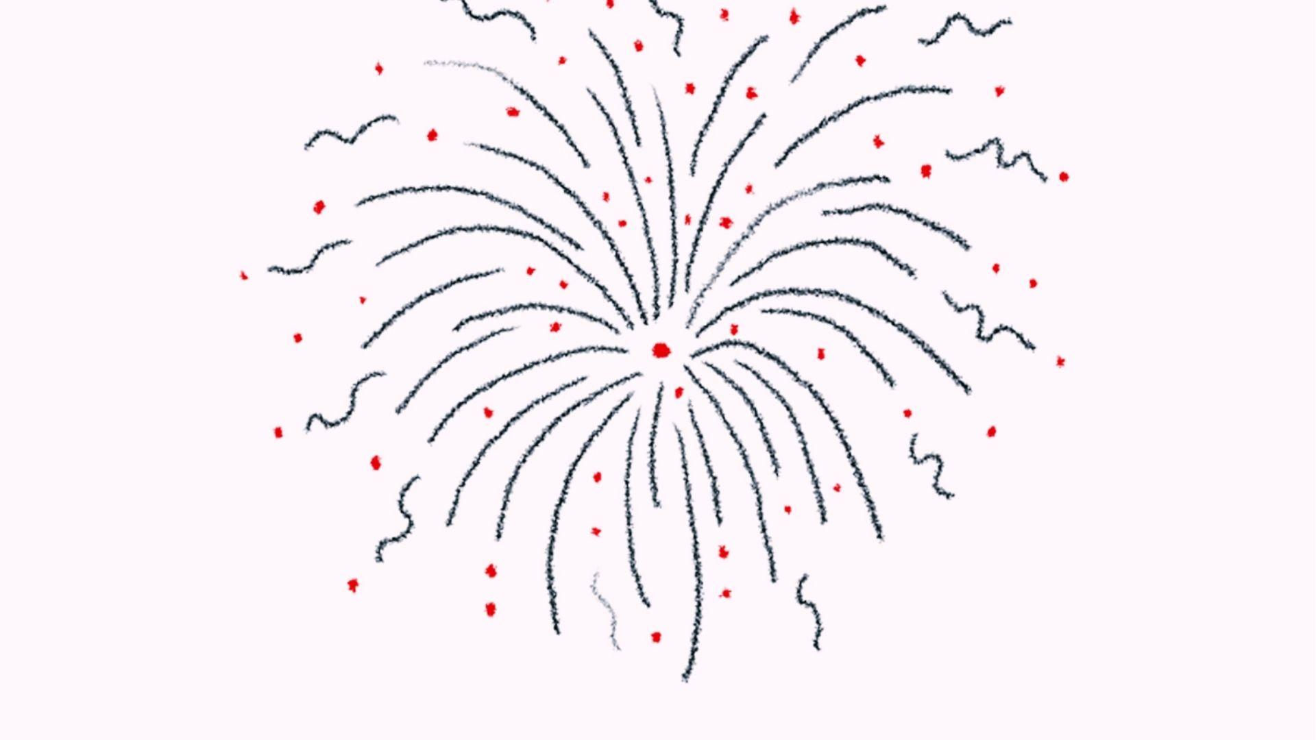 Hand-drawn firework with black swirling lines and red sparks shows finished pencil sketch style