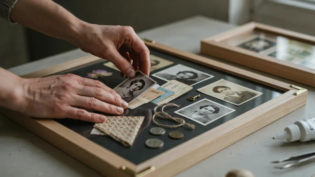 Arranging keepsakes inside a shadow box before securing them.