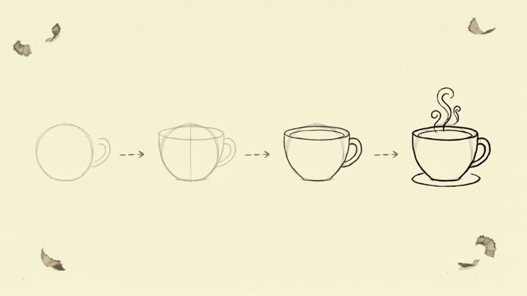 Coffee Cup Drawing: Easy Step-by-Step Tutorial Step-by-step sketch of a coffee cup from basic shapes to a finished drawing with steam.