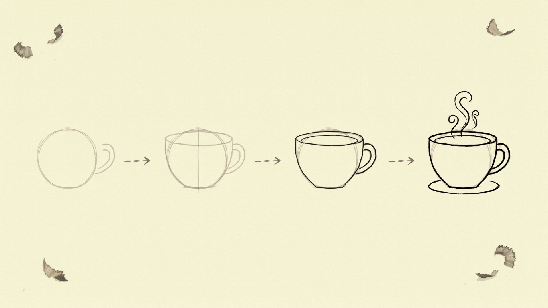 Step-by-step sketch of a coffee cup from basic shapes to a finished drawing with steam.