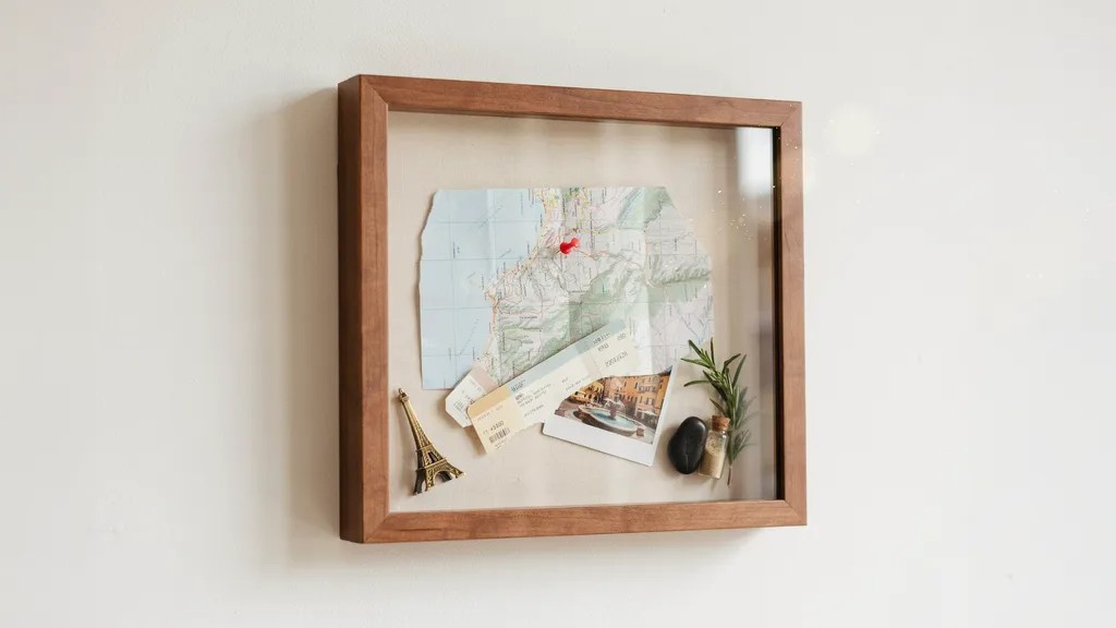 Travel memory shadow box with map and souvenirs.