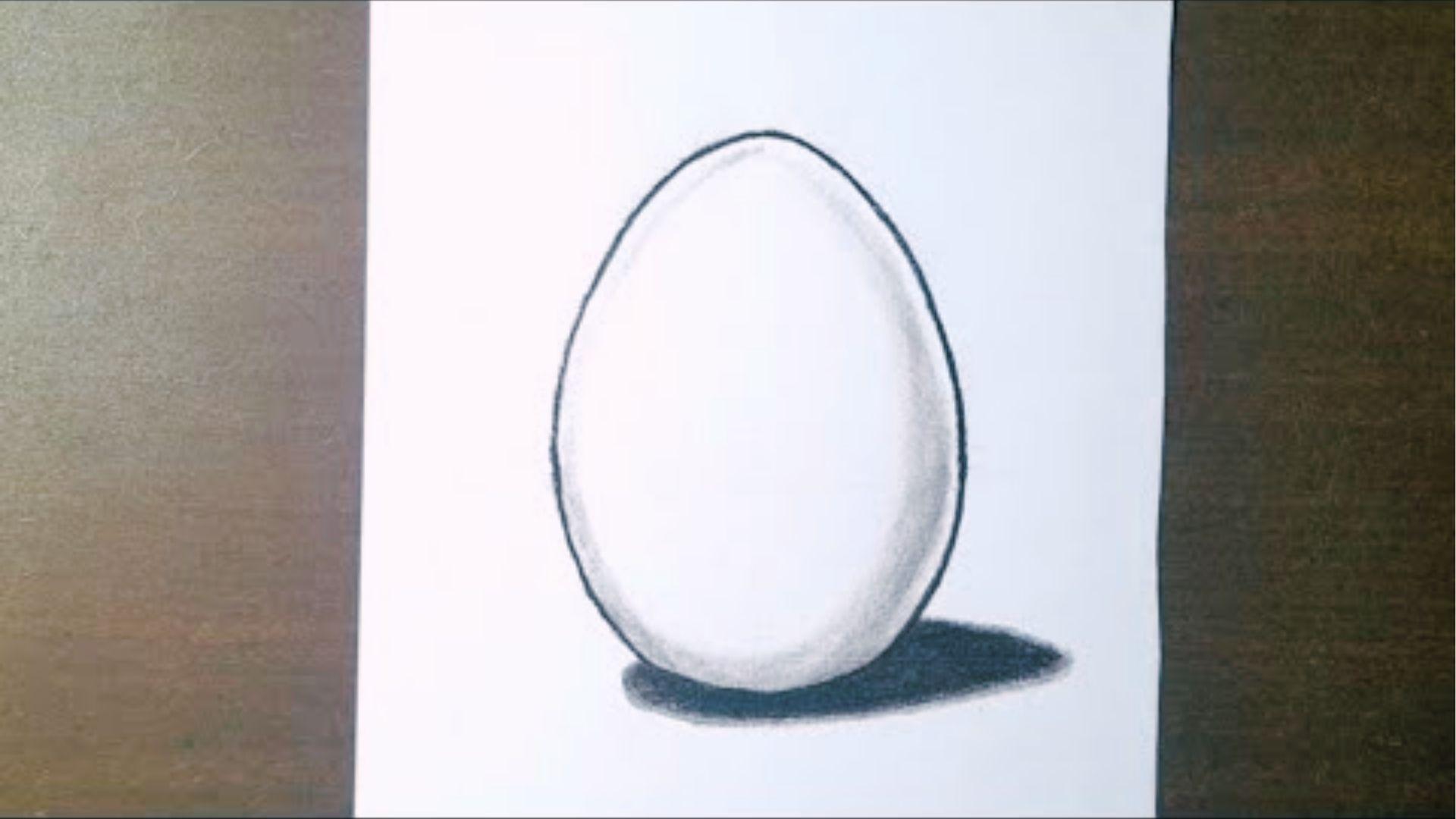 Simple pencil outline of upright egg with light shading and dark shadow on white paper sheet