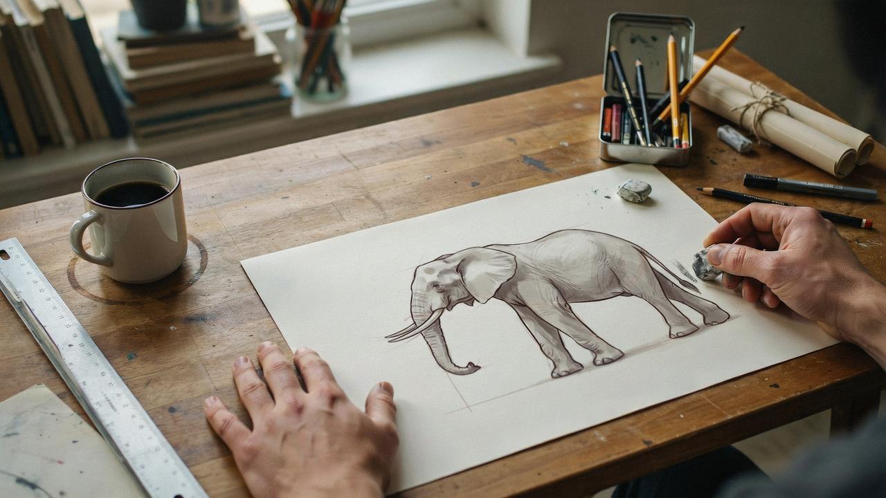 Refining the outline of an elephant drawing.