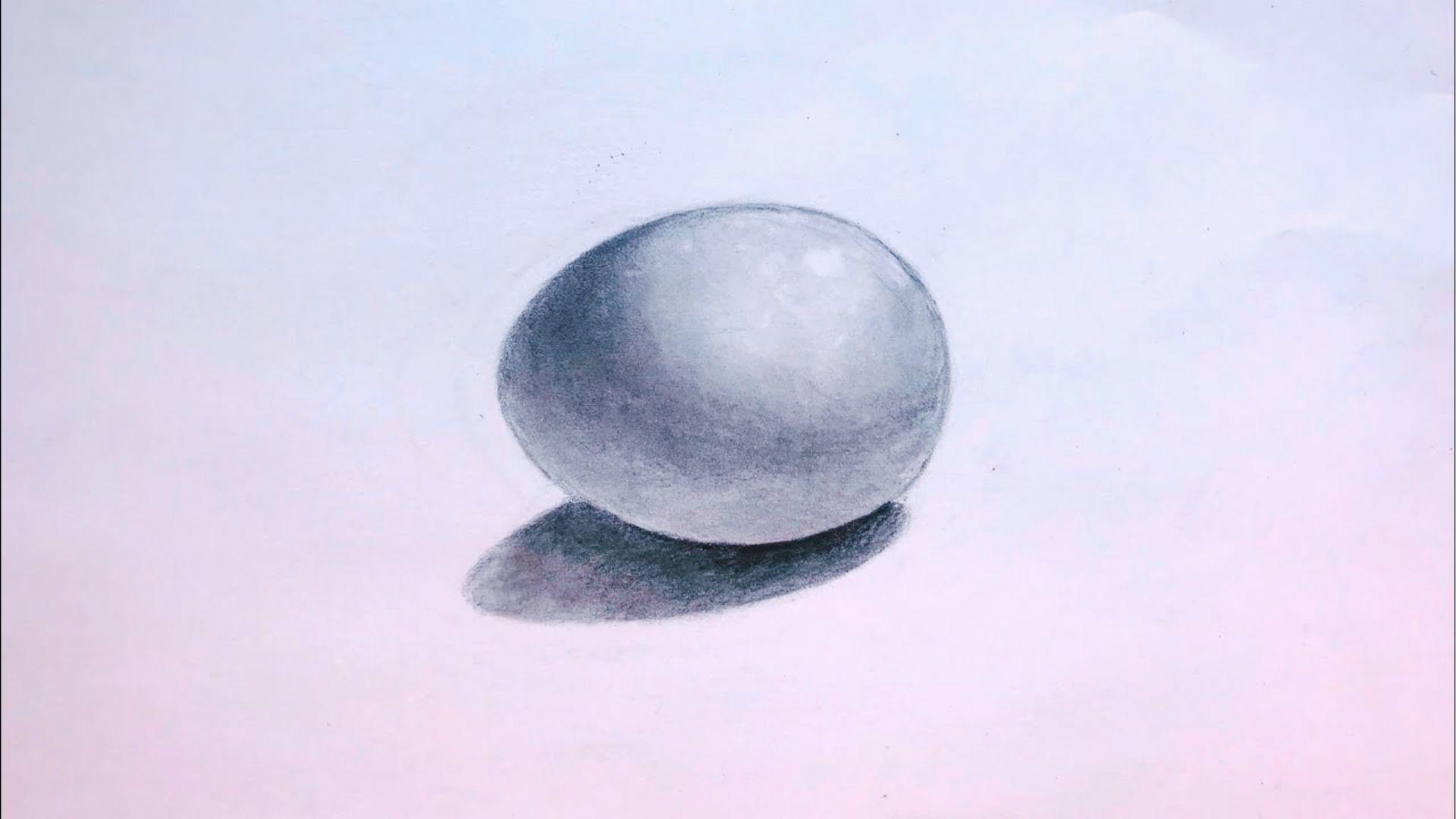 Realistic pencil egg drawing with soft shading and cast shadow on light pink-blue gradient paper