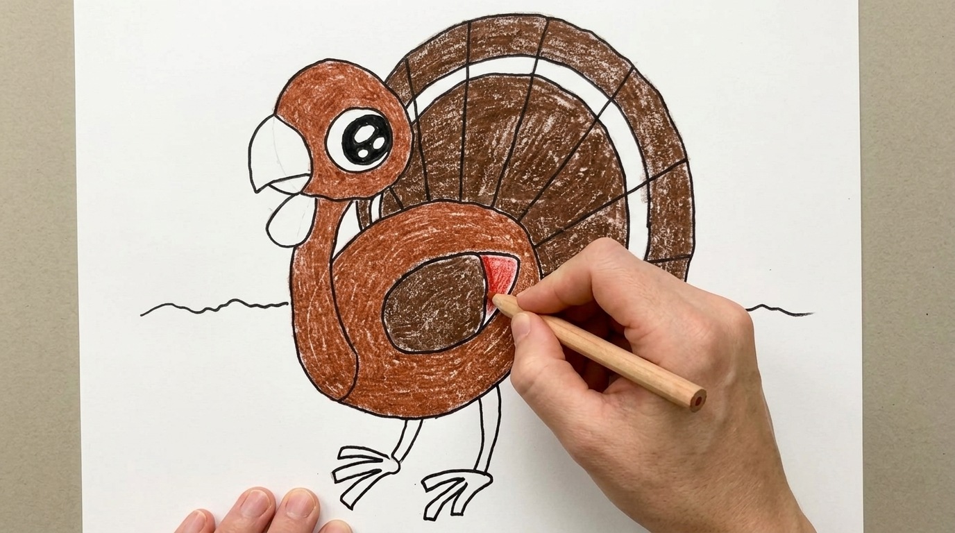 Cute turkey drawing with smiling face and colorful feathers.