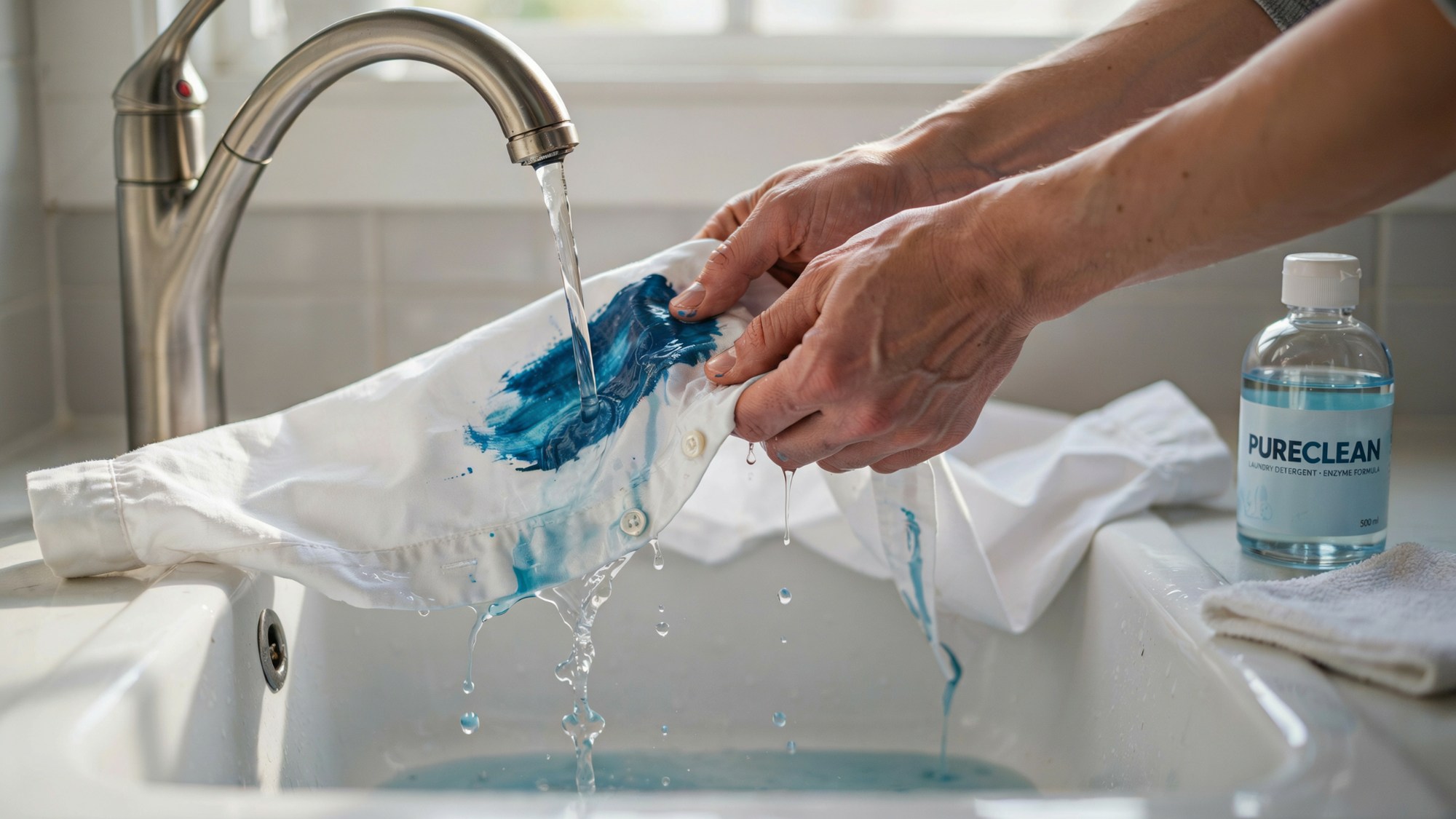 Fresh acrylic paint stain being rinsed from clothing under cold water before it sets into the fabric.