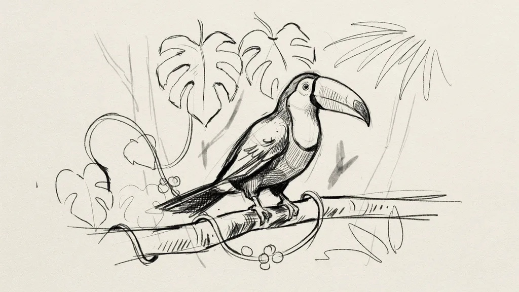 A pencil sketch of a toucan in a jungle scene with hand drawn leaves and vines, showing rough lines and a simple beginner style drawing on paper.