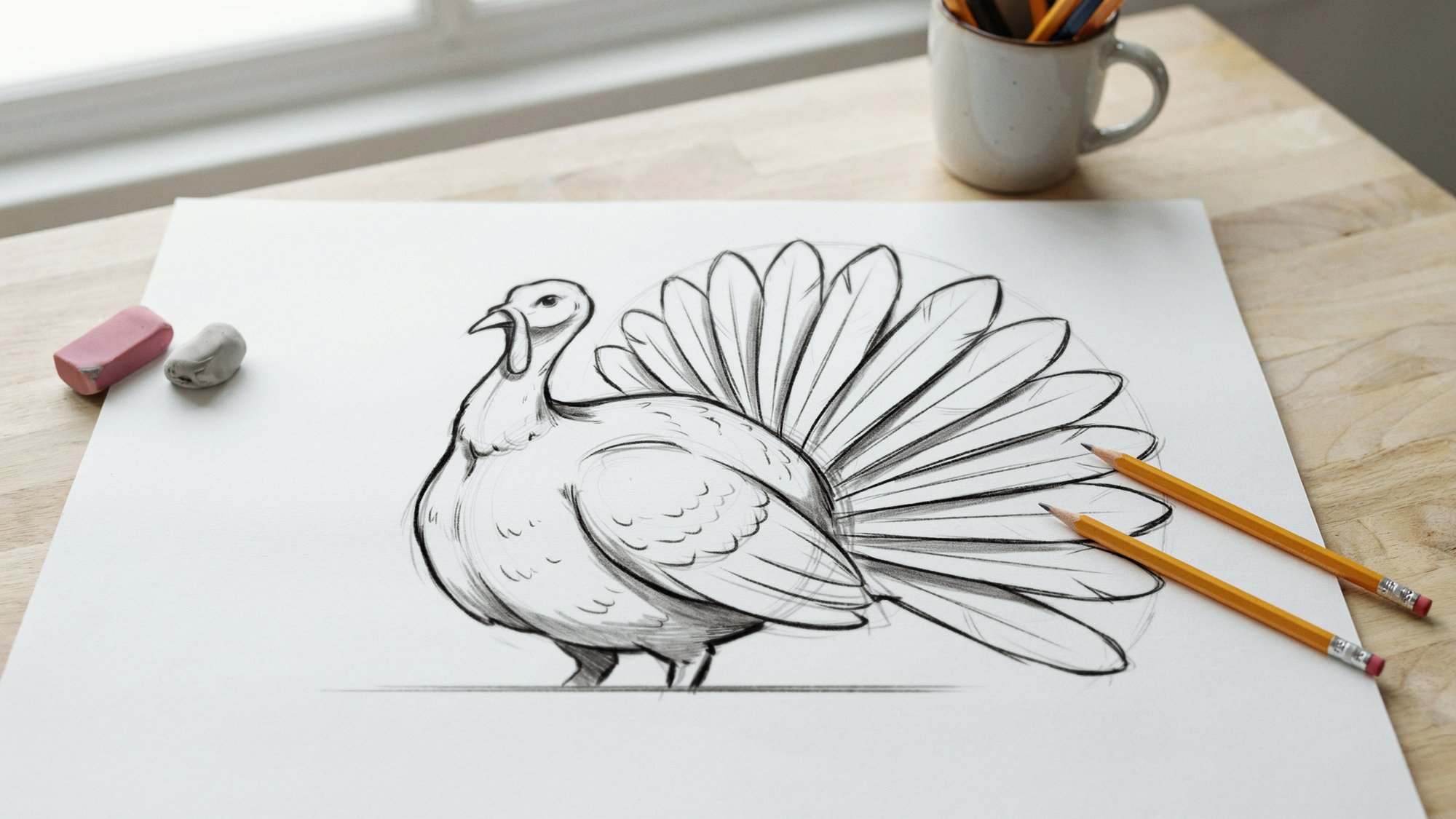 Turkey drawing with fan-shaped tail feathers.