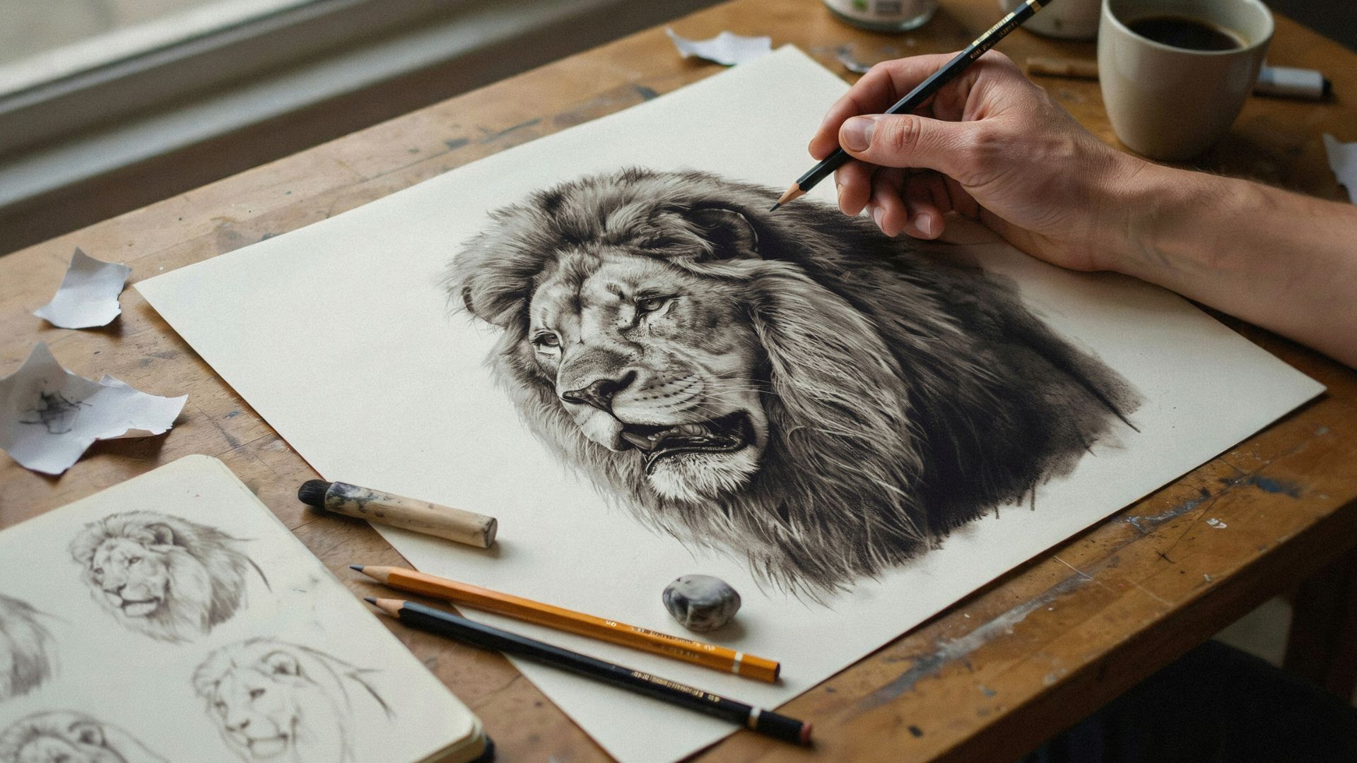 Shading an easy lion drawing to add depth, contrast, and realistic dimension.