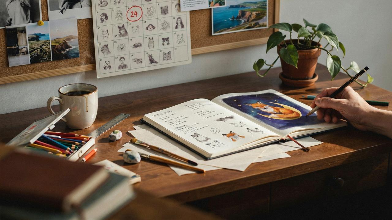 Artist completing daily imagination drawing challenges in a sketchbook.