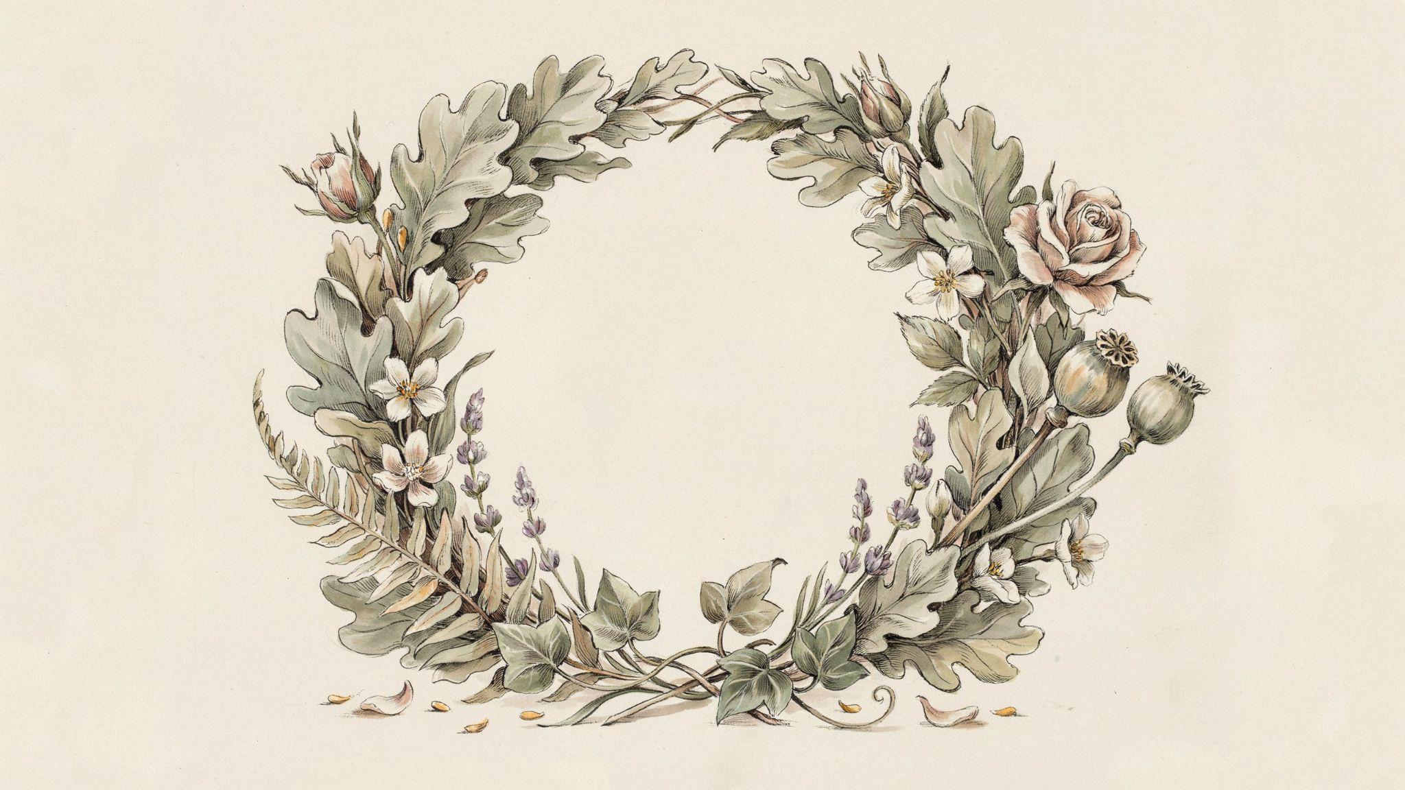 Scientific botanical wreath study with detailed leaf shading teaches texture and light in drawing.