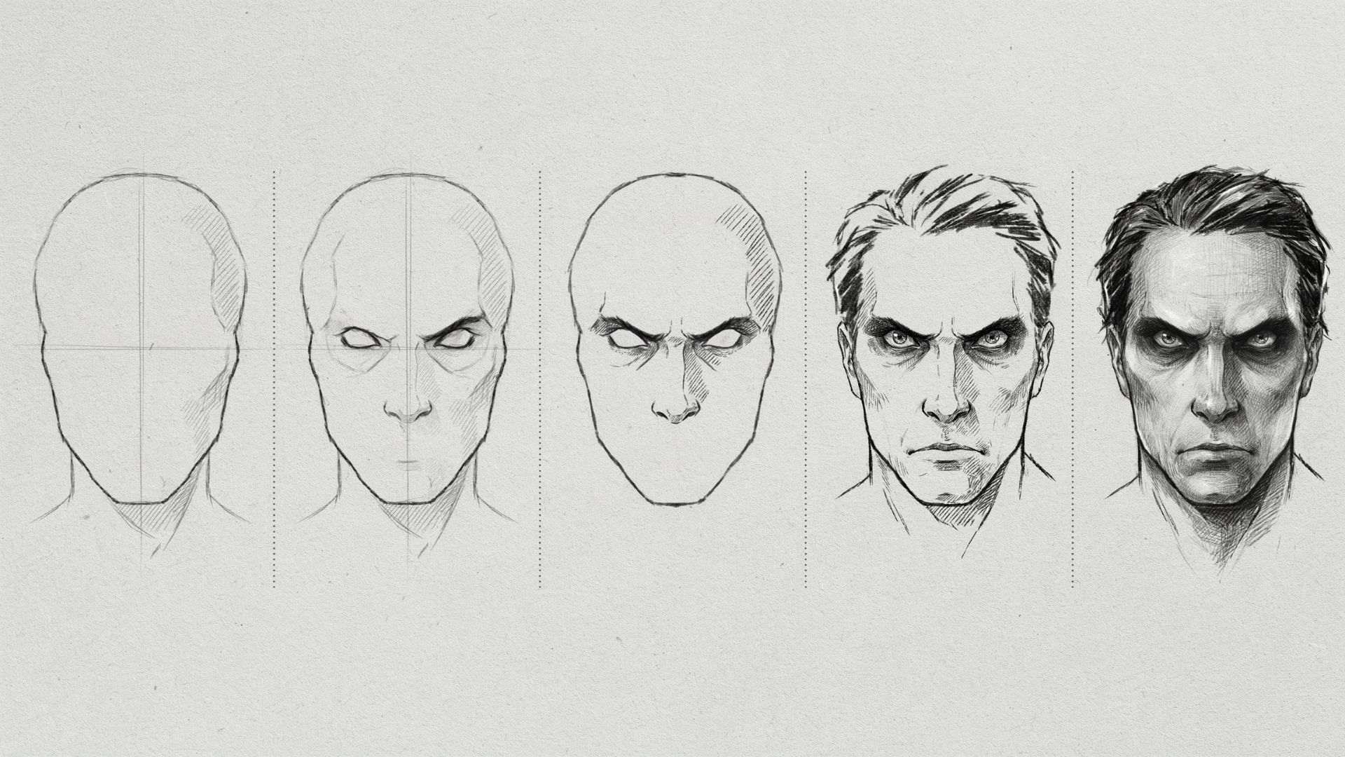 Scary face sketch with wide uneven eyes and heavy angled eyebrows creating a menacing expression.