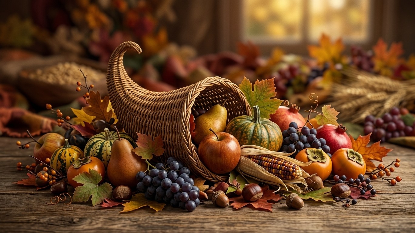 Realistic image of a cornucopia harvest, overflowing with fresh grown fruits and vegetables.