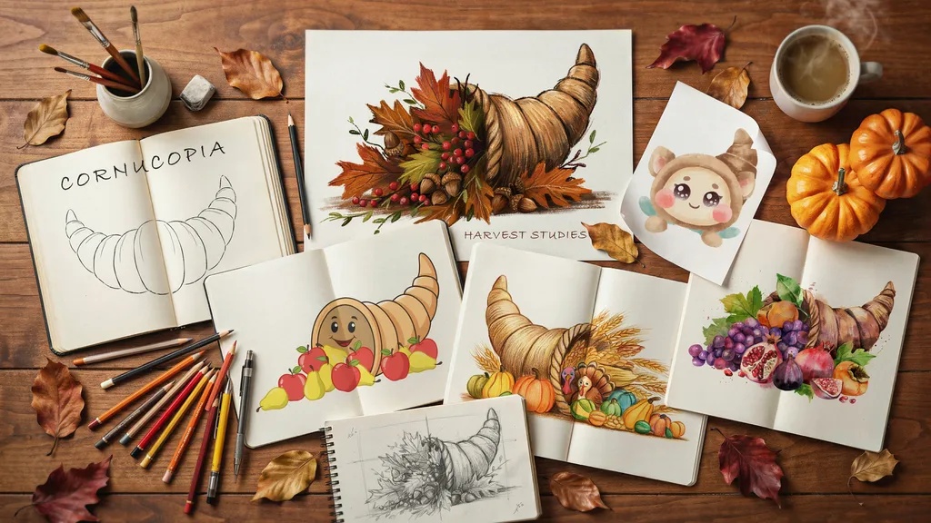 Easy Cornucopia Drawing Ideas to Try Today Collection of cornucopia drawing ideas featuring simple outlines, cartoon designs, pencil sketches, and detailed Thanksgiving harvest artwork.