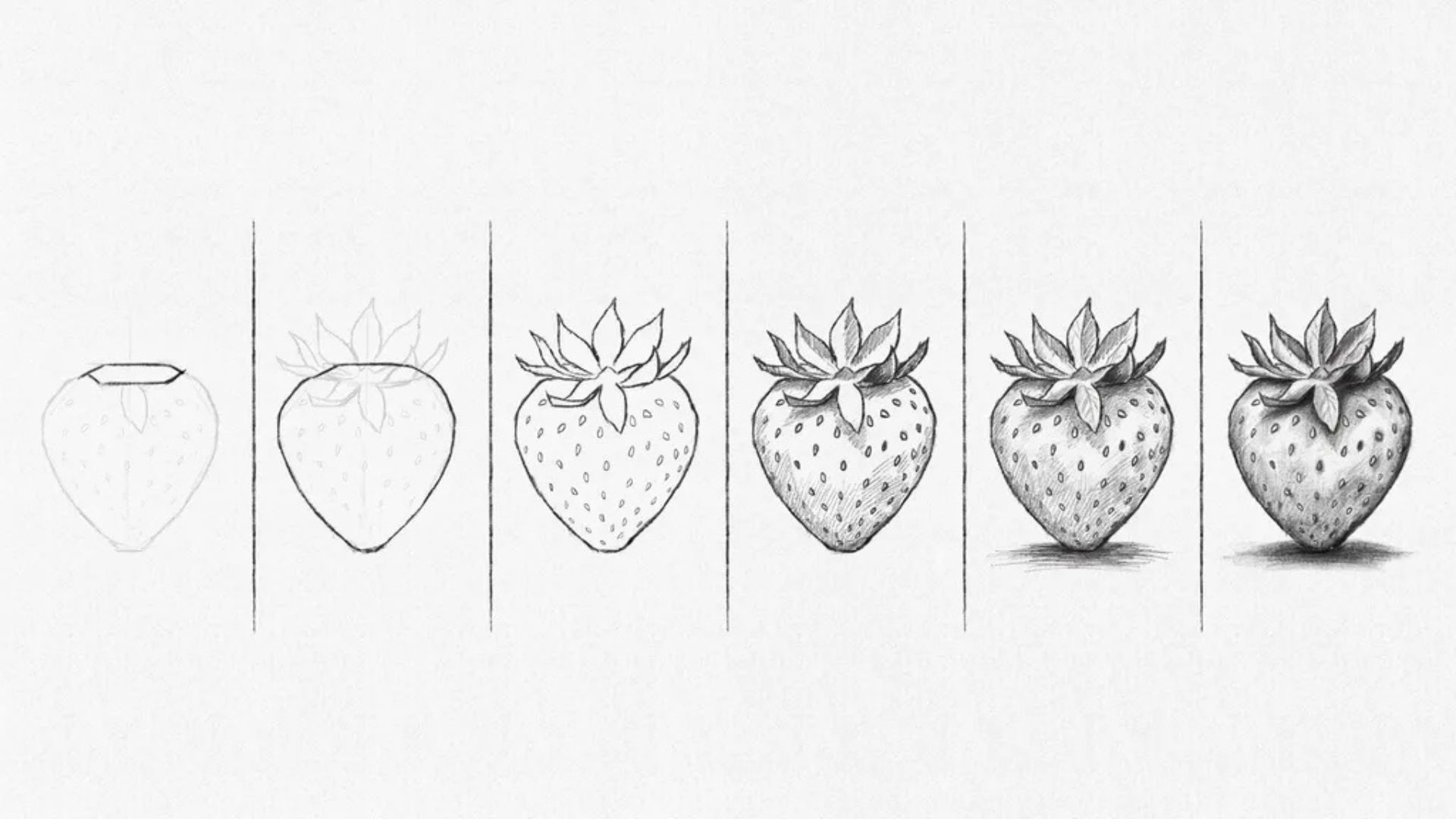 Pencil drawing showing pointed leaves added to the top of a strawberry.