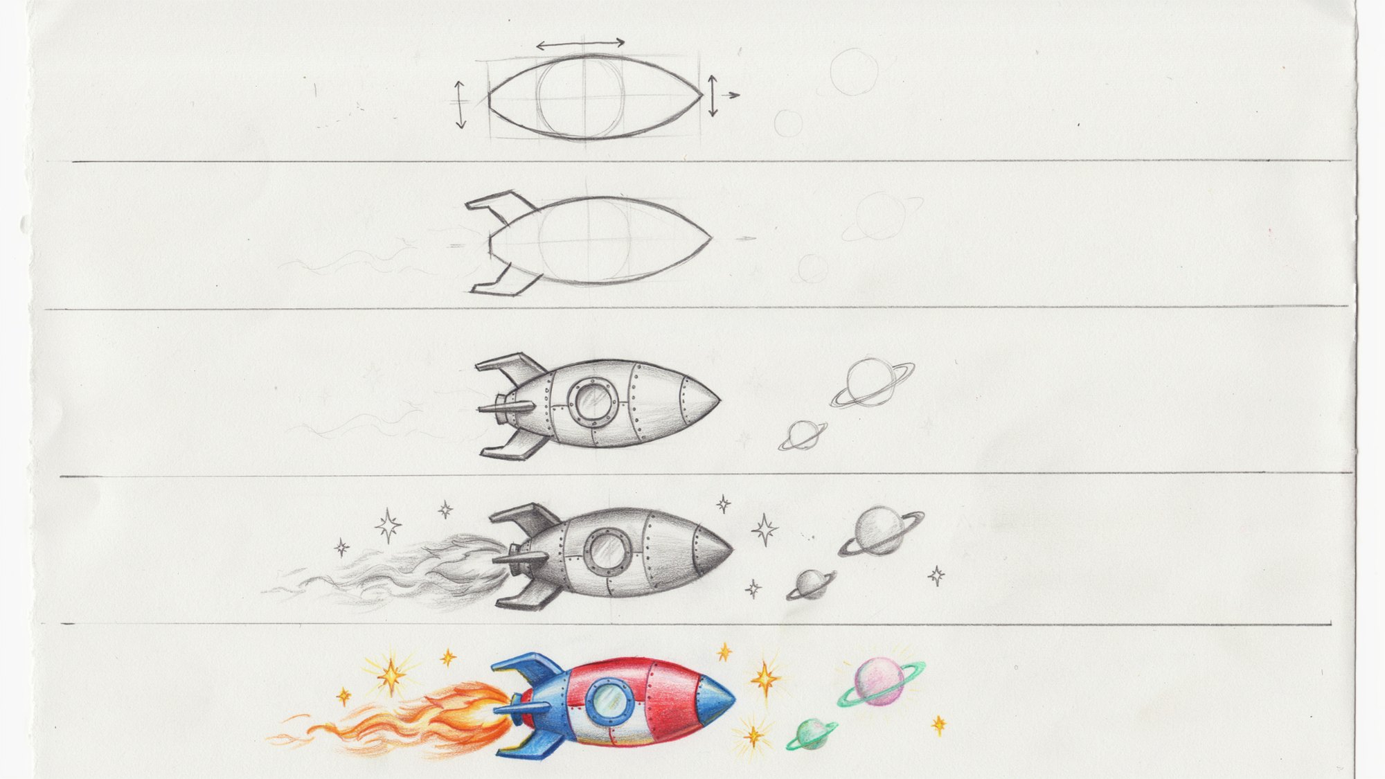 A five-panel step-by-step drawing tutorial showing a cute rocket progressing from simple shapes to a colorful space scene with fins, flames, stars, and detailed coloring.