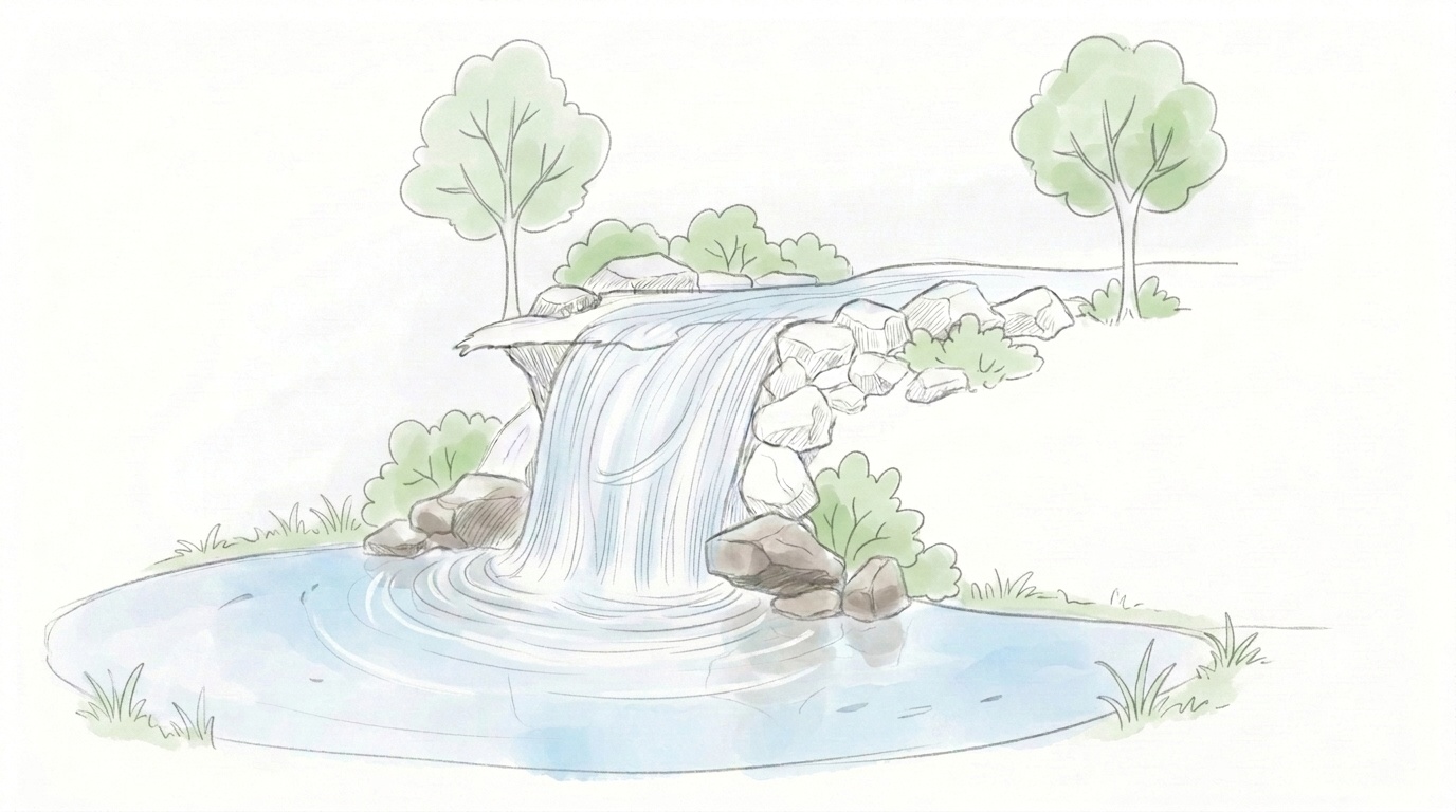 Vertical water flow lines and texture added to show movement in the waterfall.