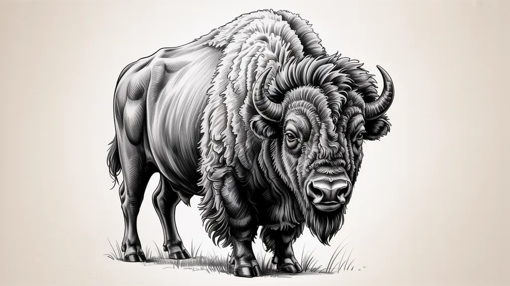 Finished bison pencil sketch with realistic shading, fur texture, and details.