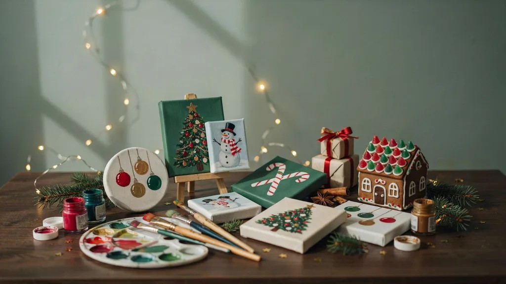 Simple Easy Christmas Painting Ideas for Beginners A cozy Christmas-themed art studio showing multiple small paintings of festive subjects.