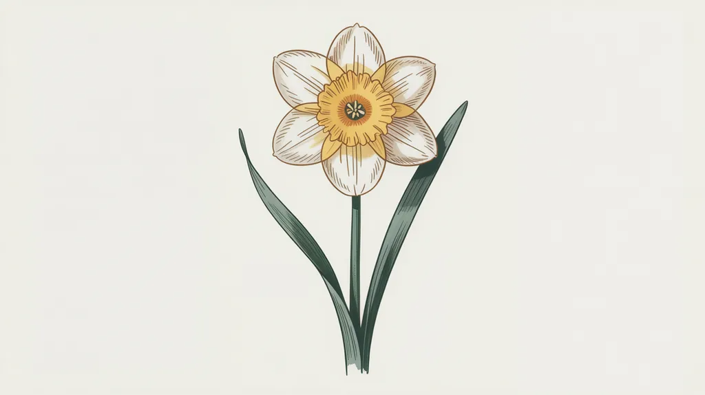Botanical diagram-style drawing showing the main parts of a daffodil flower.