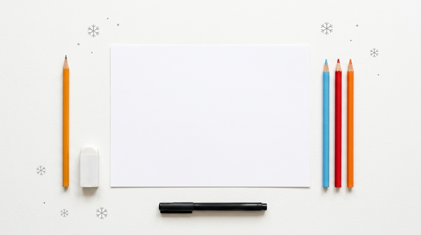 Drawing materials laid out including pencil, eraser, markers, crayons, and paper for a Frosty the Snowman tutorial