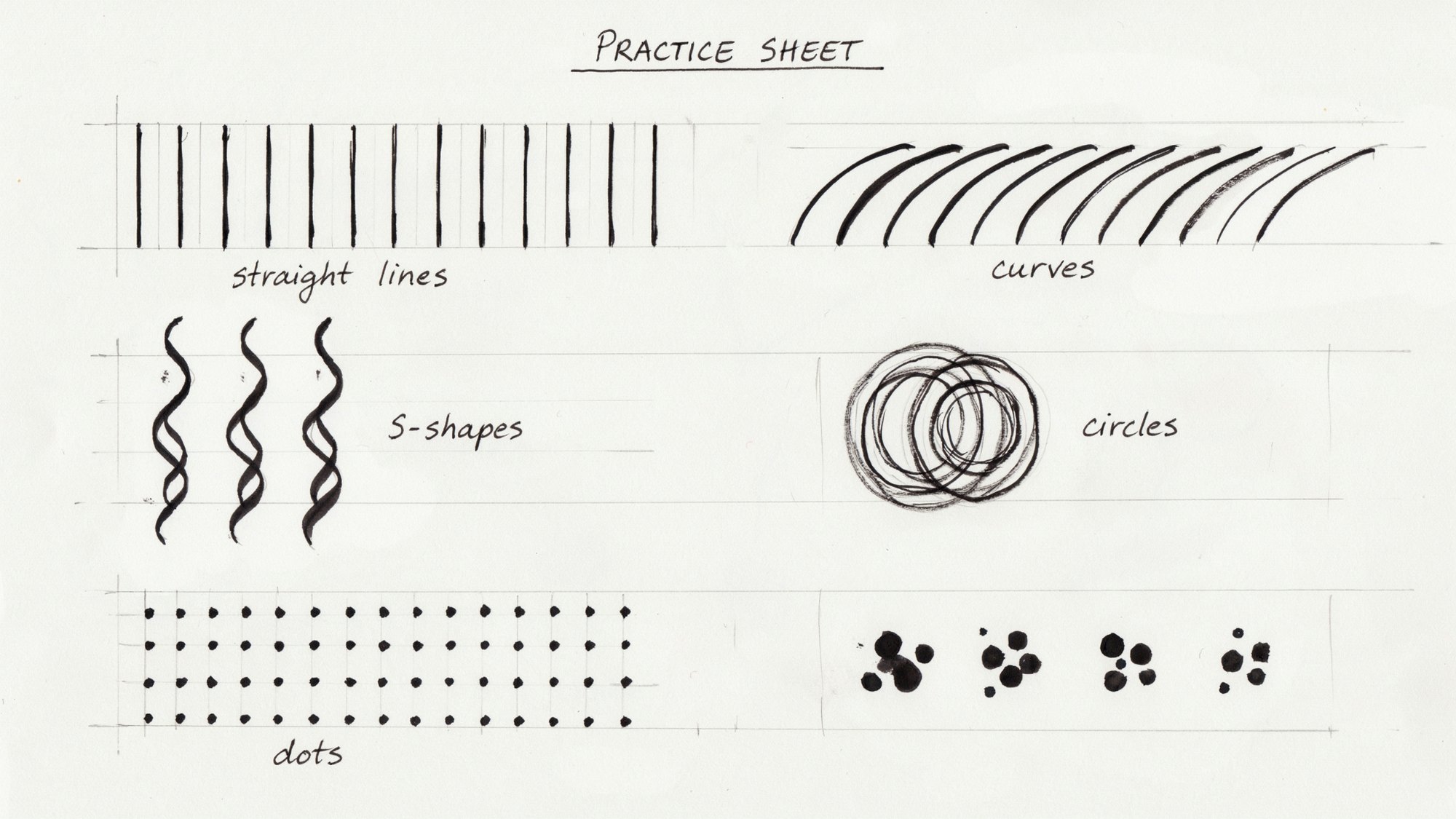 Basic Zentangle strokes including lines, curves, circles, and dots.