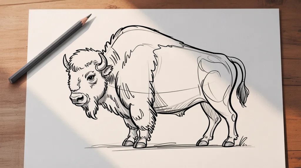 Pencil sketch of a bison with sturdy legs and tail being added on paper.