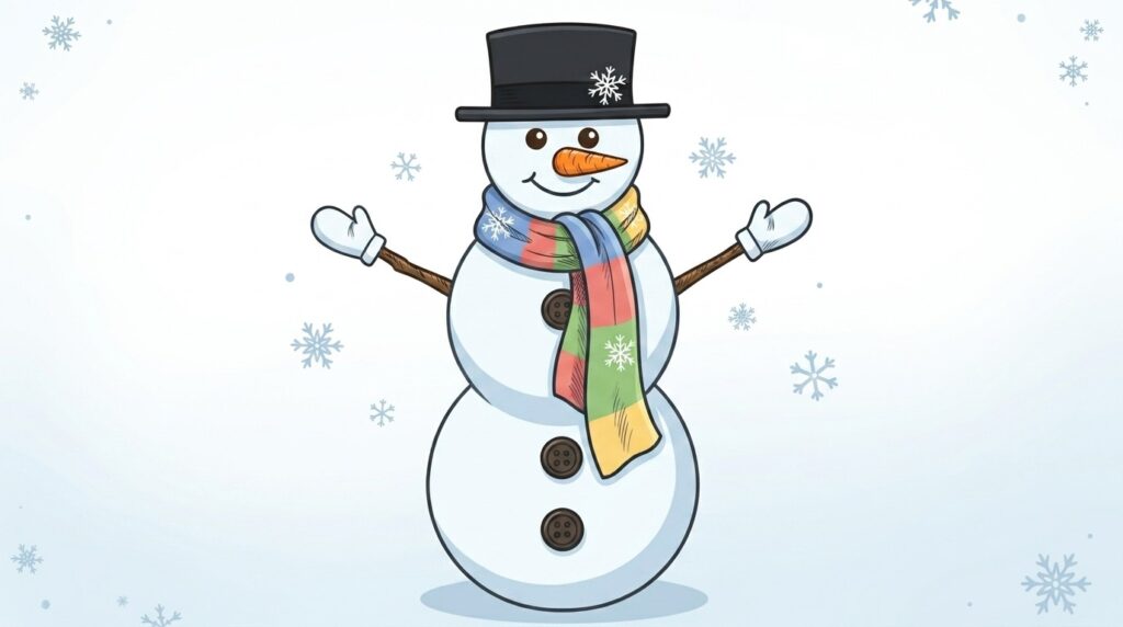 Frosty the Snowman Drawing for Beginners Frosty the Snowman standing in a snowy scene, fully colored cartoon illustration with hat, scarf, carrot nose, and twig arms