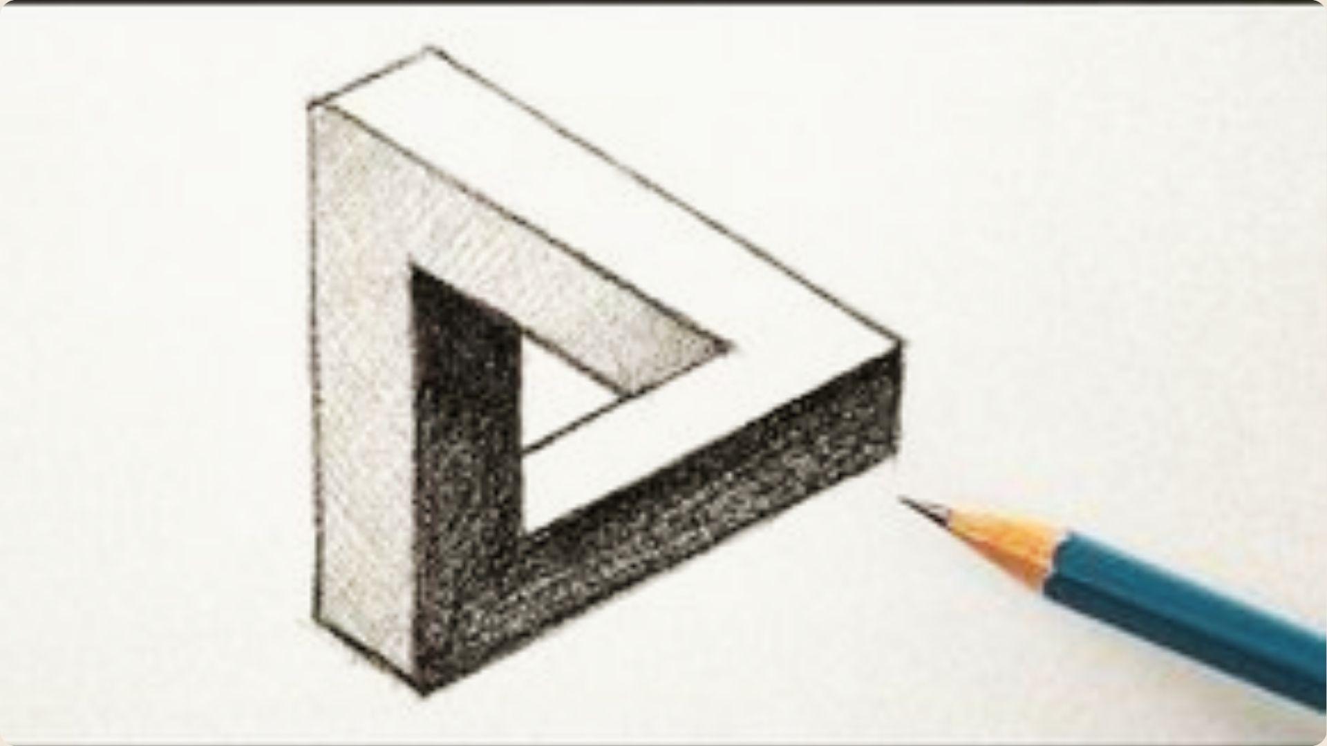 Close-up of a hand drawing an impossible triangle, also called a Penrose triangle.
