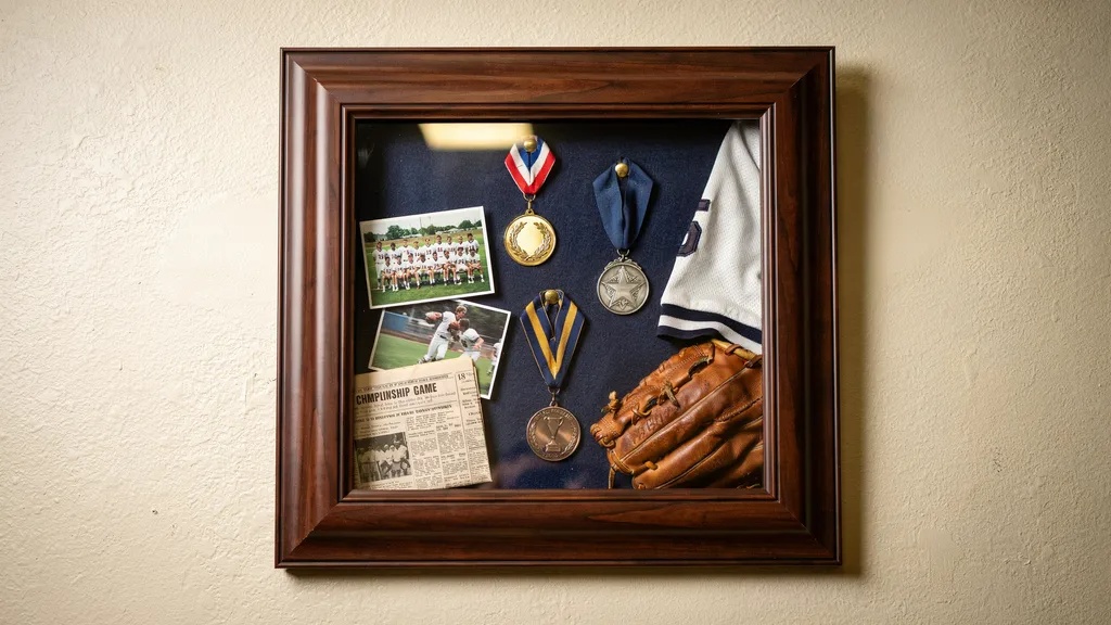 Sports achievement shadow box with medals and team photos.