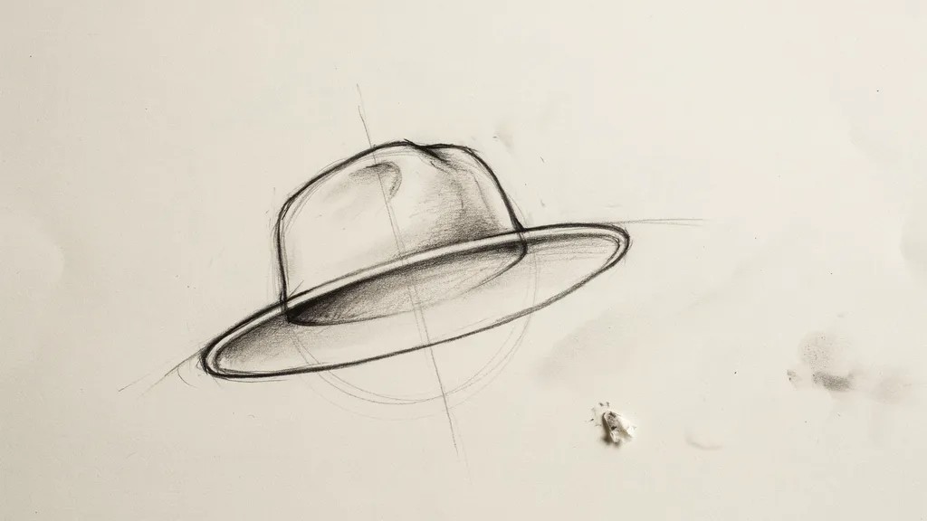 Sketching a wide hat brim beneath the crown to create the basic hat shape