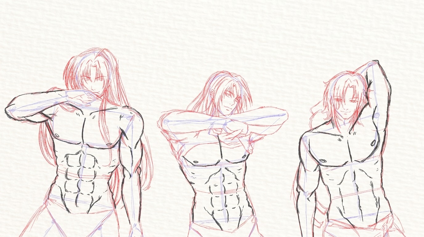 Anime and cartoon abdominal drawing styles.